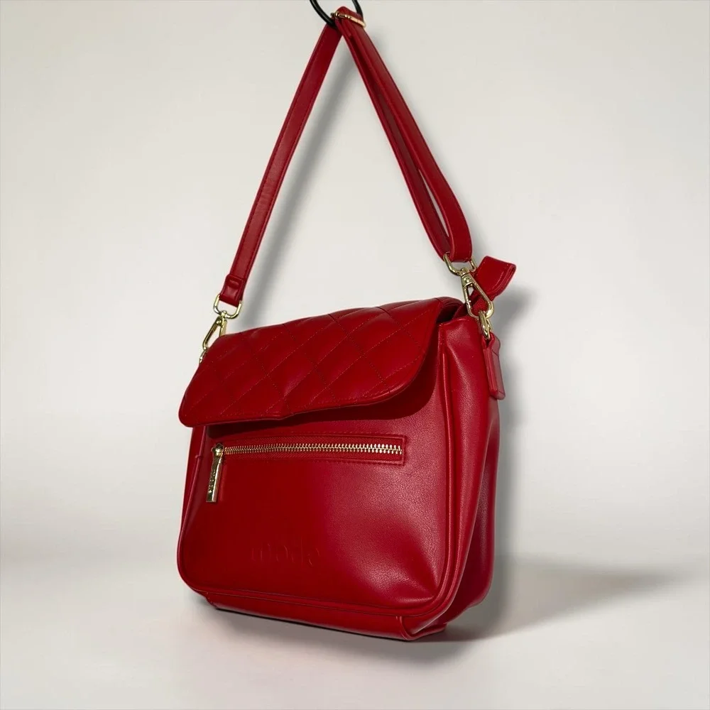 Mode Los Angeles Red Quilted Faux Leather Crossbody Bag Gold Hardware